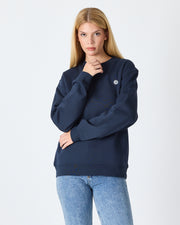 Unisex Lacivert Beyaz Aplike Logo Organik Pamuk Rahat Kalıp Bisiklet Yaka Sweatshirt