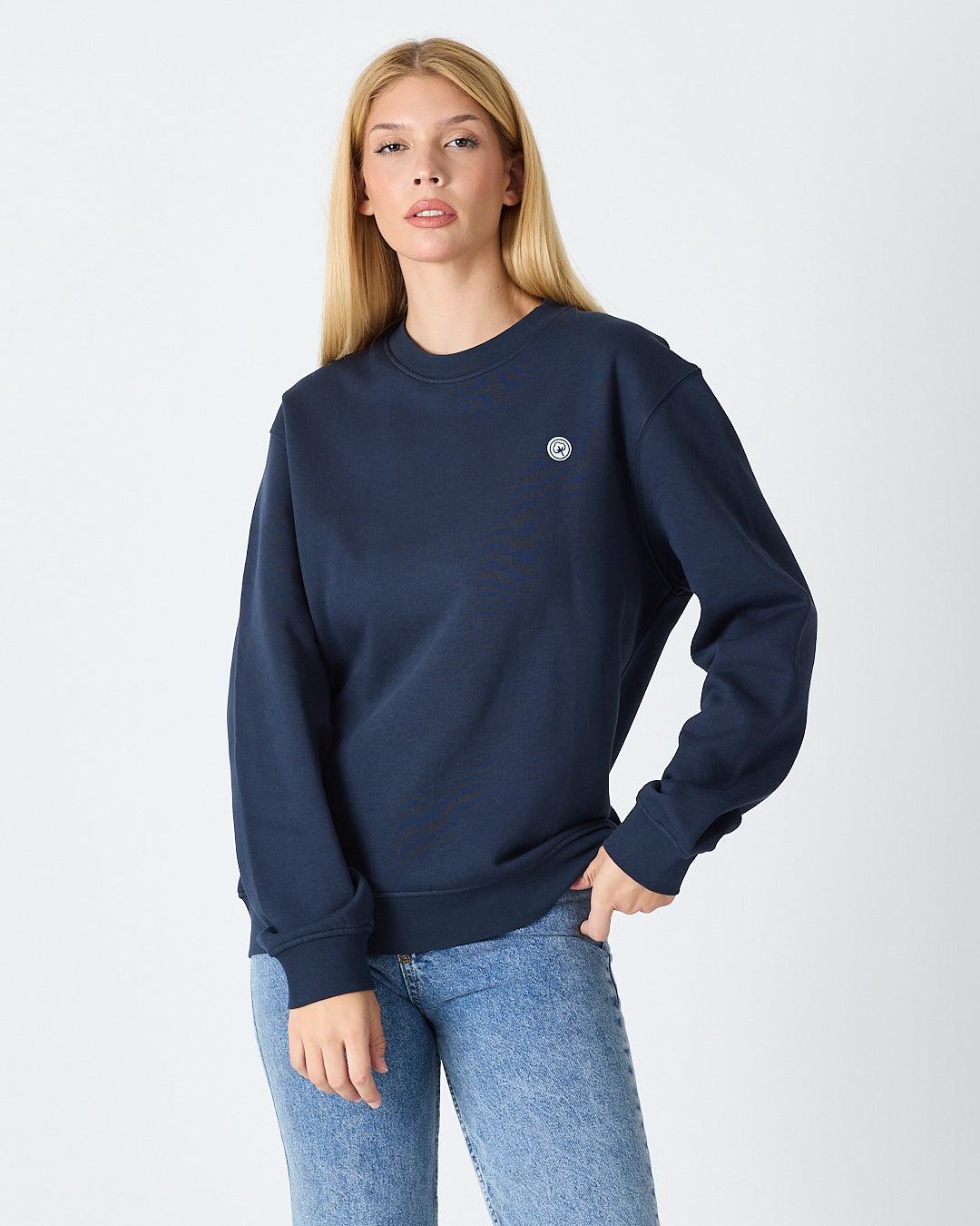 Unisex Lacivert Beyaz Aplike Logo Organik Pamuk Rahat Kalıp Bisiklet Yaka Sweatshirt
