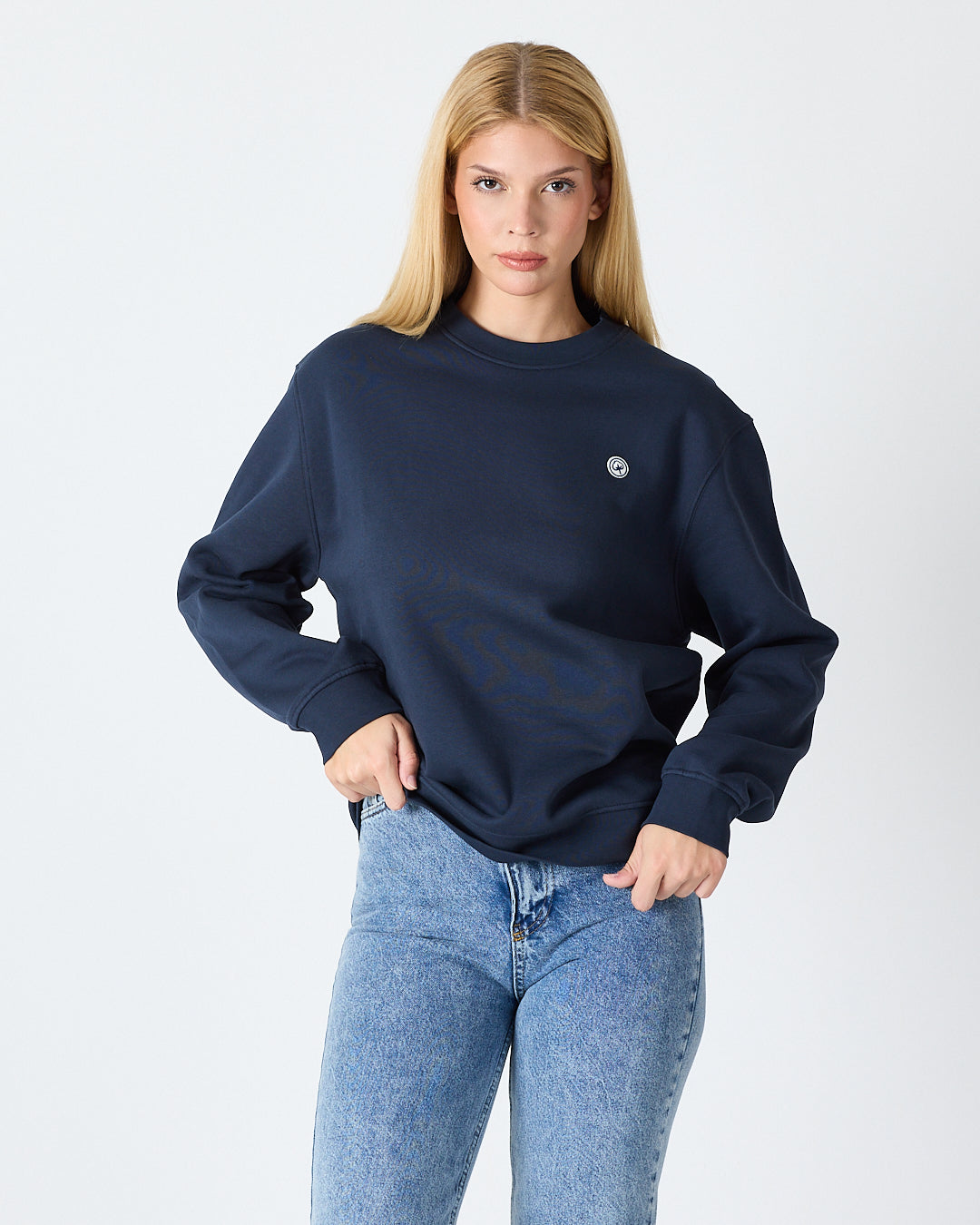 Unisex Lacivert Beyaz Aplike Logo Organik Pamuk Rahat Kalıp Bisiklet Yaka Sweatshirt