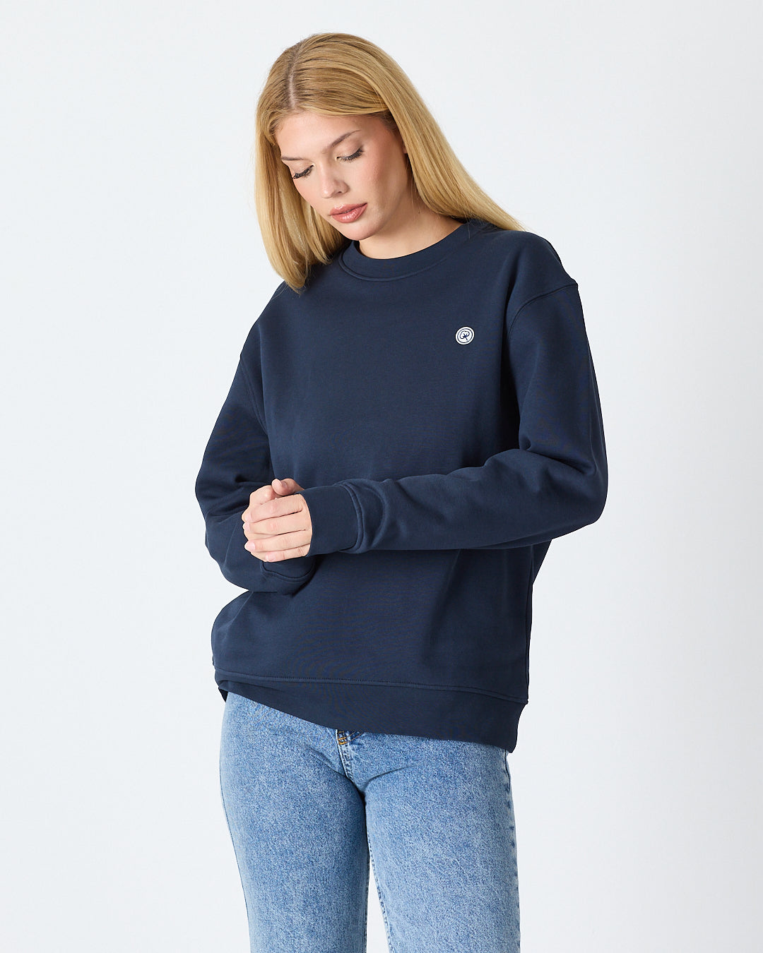 Unisex Lacivert Beyaz Aplike Logo Organik Pamuk Rahat Kalıp Bisiklet Yaka Sweatshirt
