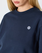 Unisex Lacivert Beyaz Aplike Logo Organik Pamuk Rahat Kalıp Bisiklet Yaka Sweatshirt