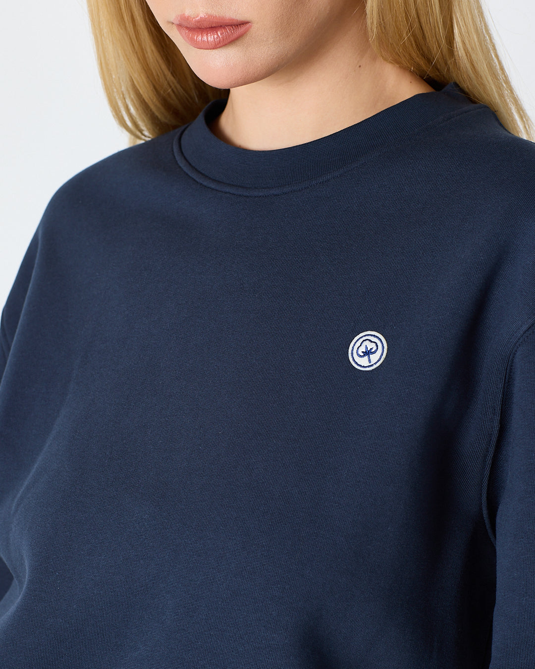 Unisex Lacivert Beyaz Aplike Logo Organik Pamuk Rahat Kalıp Bisiklet Yaka Sweatshirt