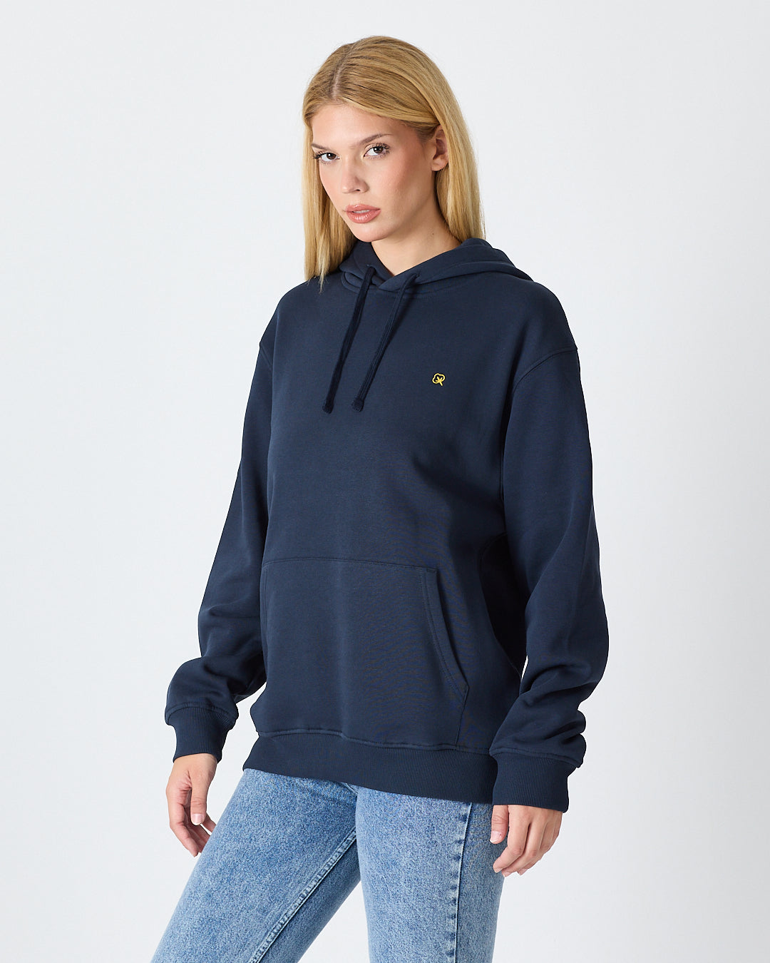 Unisex Yellow Embroidered Organic Cotton Hooded Standard Fit Sweatshirt-1021204