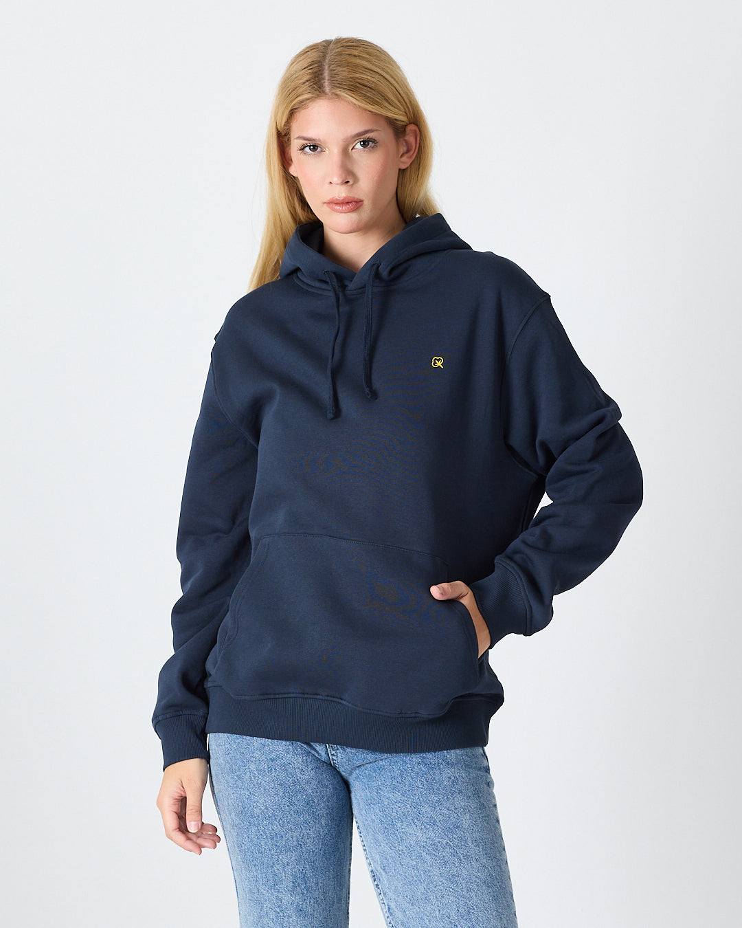 Unisex Yellow Embroidered Organic Cotton Hooded Standard Fit Sweatshirt-1021204