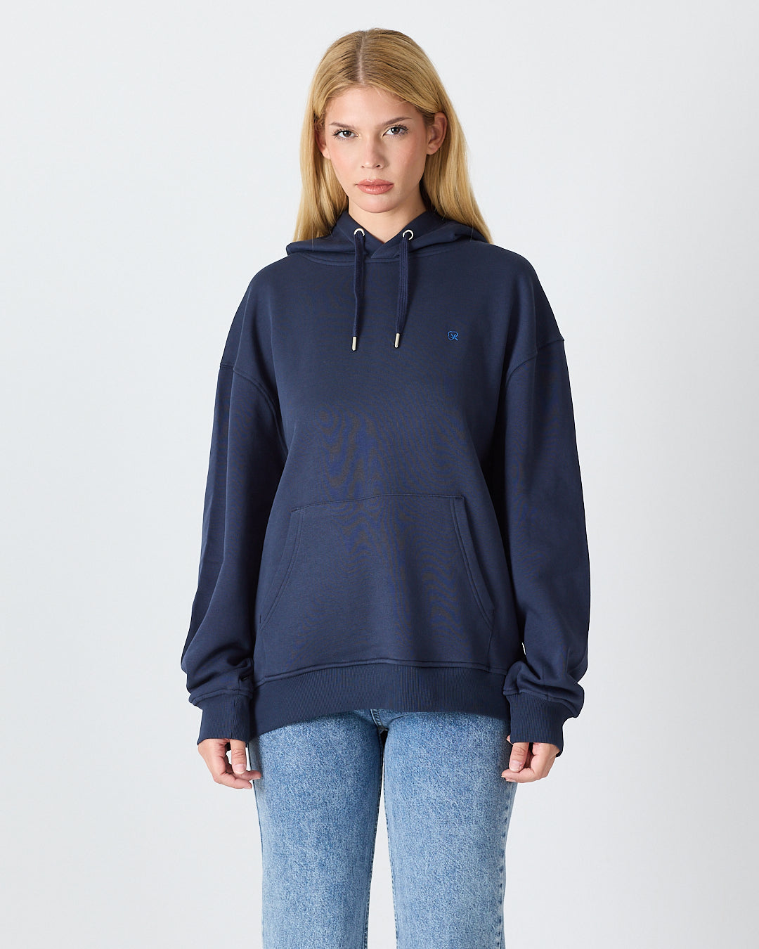 Unisex Lacivert Mavi Nakışlı Kapüşonlu Organik Pamuk Oversize Sweatshirt