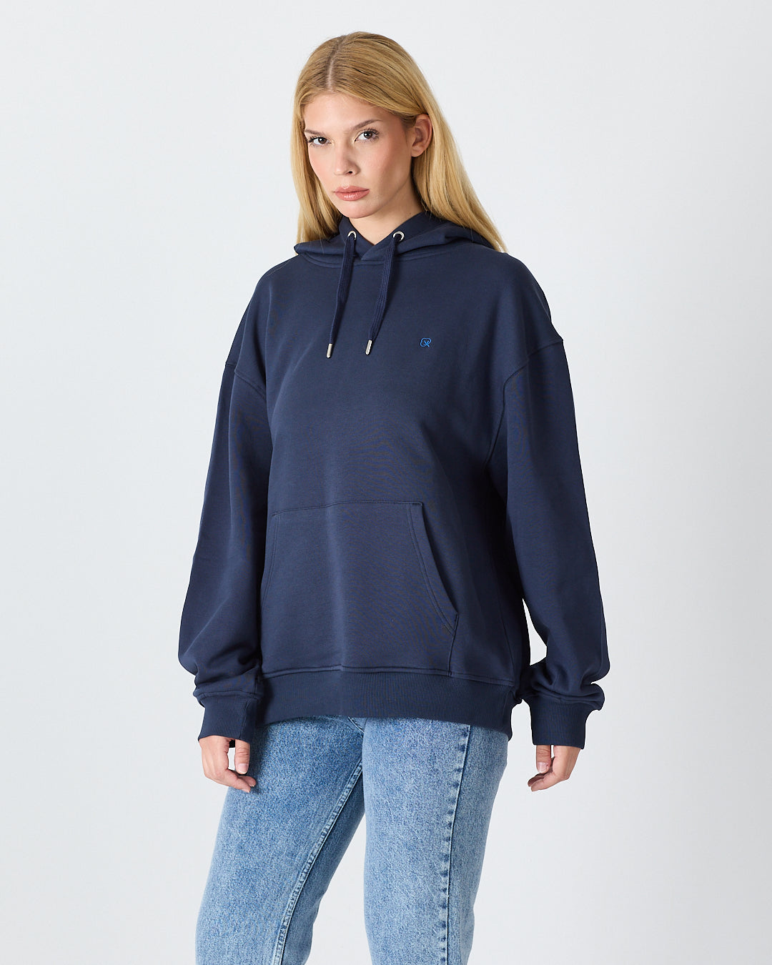 Unisex Lacivert Mavi Nakışlı Kapüşonlu Organik Pamuk Oversize Sweatshirt