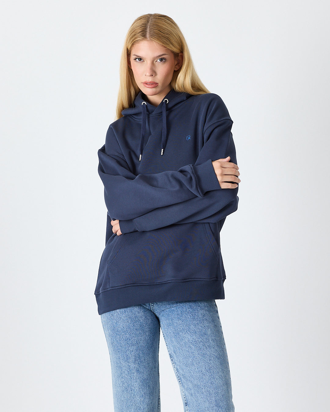 Unisex Lacivert Mavi Nakışlı Kapüşonlu Organik Pamuk Oversize Sweatshirt