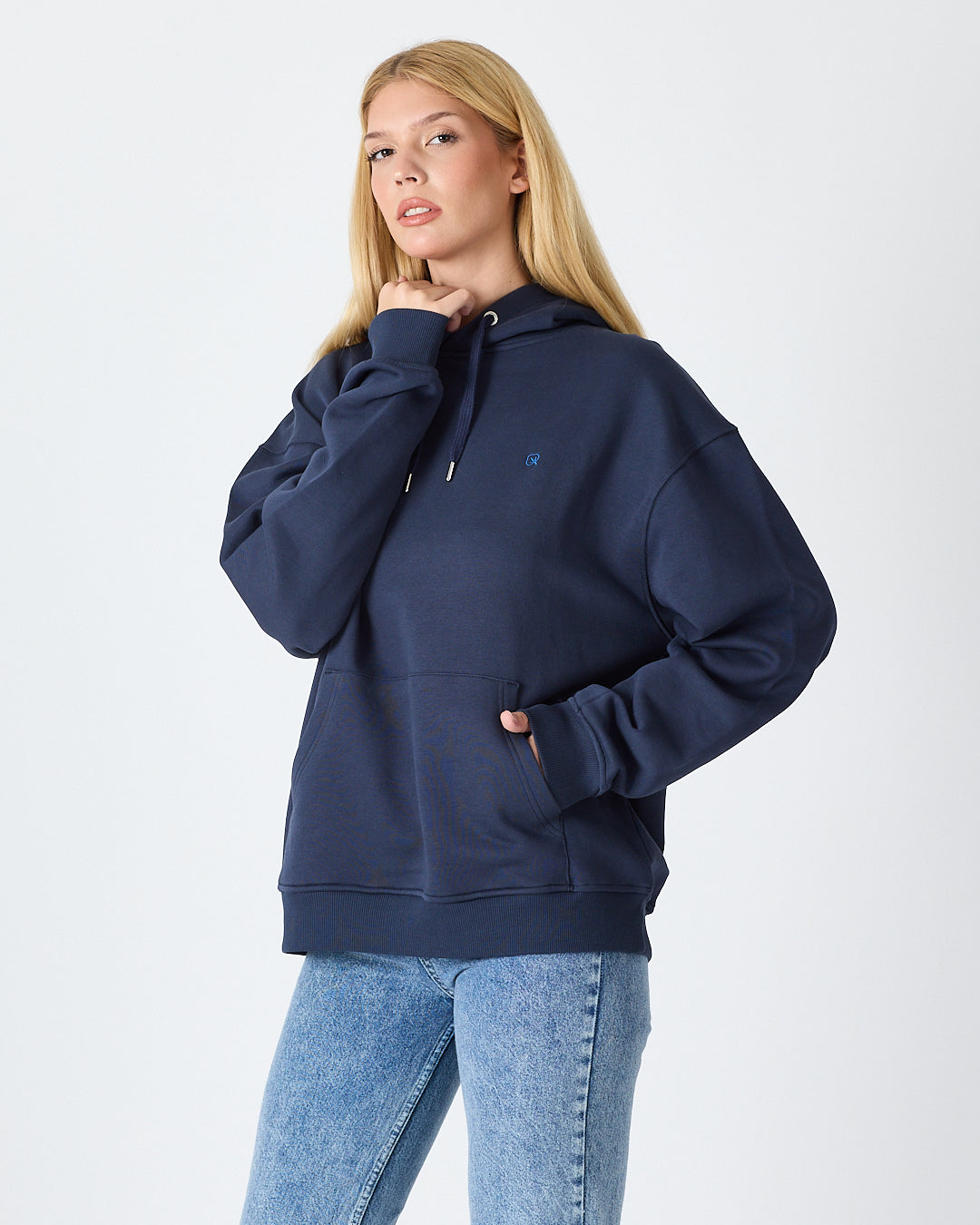 Unisex Lacivert Mavi Nakışlı Kapüşonlu Organik Pamuk Oversize Sweatshirt