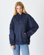Unisex Lacivert Mavi Nakışlı Kapüşonlu Organik Pamuk Oversize Sweatshirt