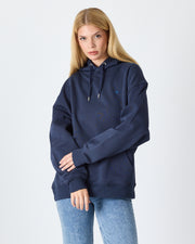 Unisex Lacivert Mavi Nakışlı Kapüşonlu Organik Pamuk Oversize Sweatshirt