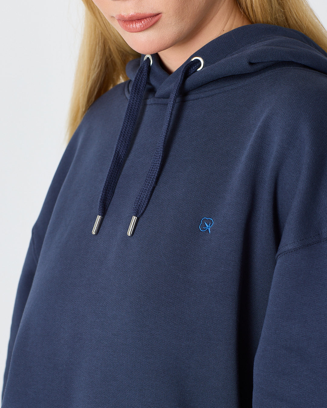 Unisex Lacivert Mavi Nakışlı Kapüşonlu Organik Pamuk Oversize Sweatshirt