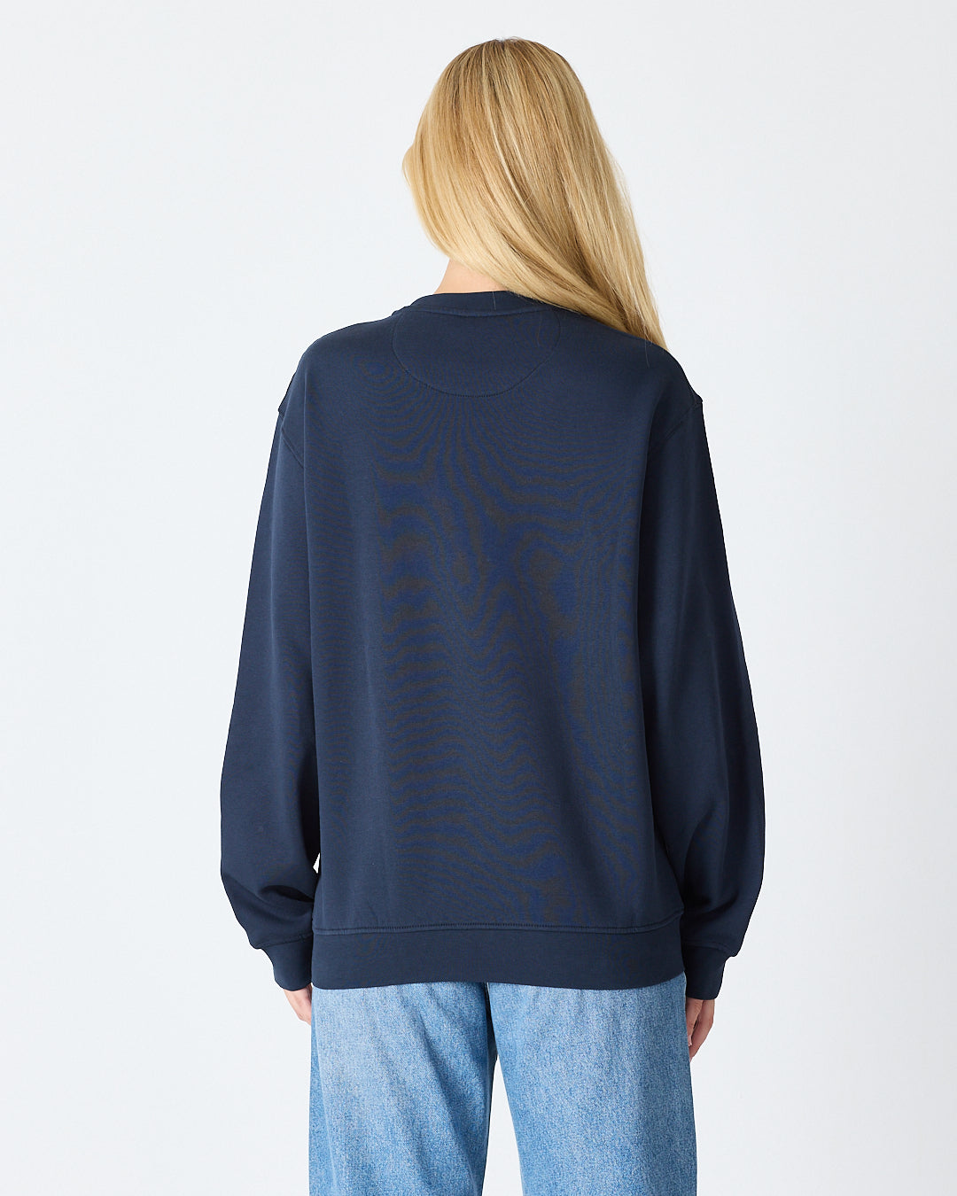 Unisex Lacivert Sarı Nakışlı Rahat Kalıp Organik Pamuk Bisiklet Yaka Sweatshirt