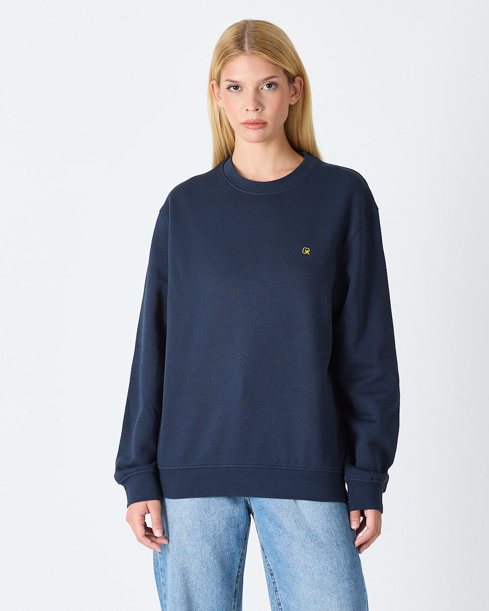 Unisex Lacivert Sarı Nakışlı Rahat Kalıp Organik Pamuk Bisiklet Yaka Sweatshirt