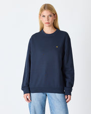 Unisex Lacivert Sarı Nakışlı Rahat Kalıp Organik Pamuk Bisiklet Yaka Sweatshirt