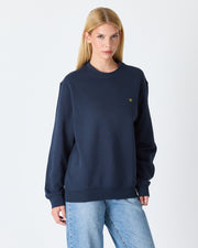 Unisex Lacivert Sarı Nakışlı Rahat Kalıp Organik Pamuk Bisiklet Yaka Sweatshirt