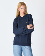Unisex Lacivert Sarı Nakışlı Rahat Kalıp Organik Pamuk Bisiklet Yaka Sweatshirt