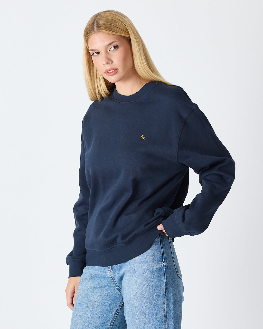 Unisex Lacivert Sarı Nakışlı Rahat Kalıp Organik Pamuk Bisiklet Yaka Sweatshirt