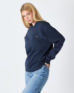 Unisex Lacivert Sarı Nakışlı Rahat Kalıp Organik Pamuk Bisiklet Yaka Sweatshirt