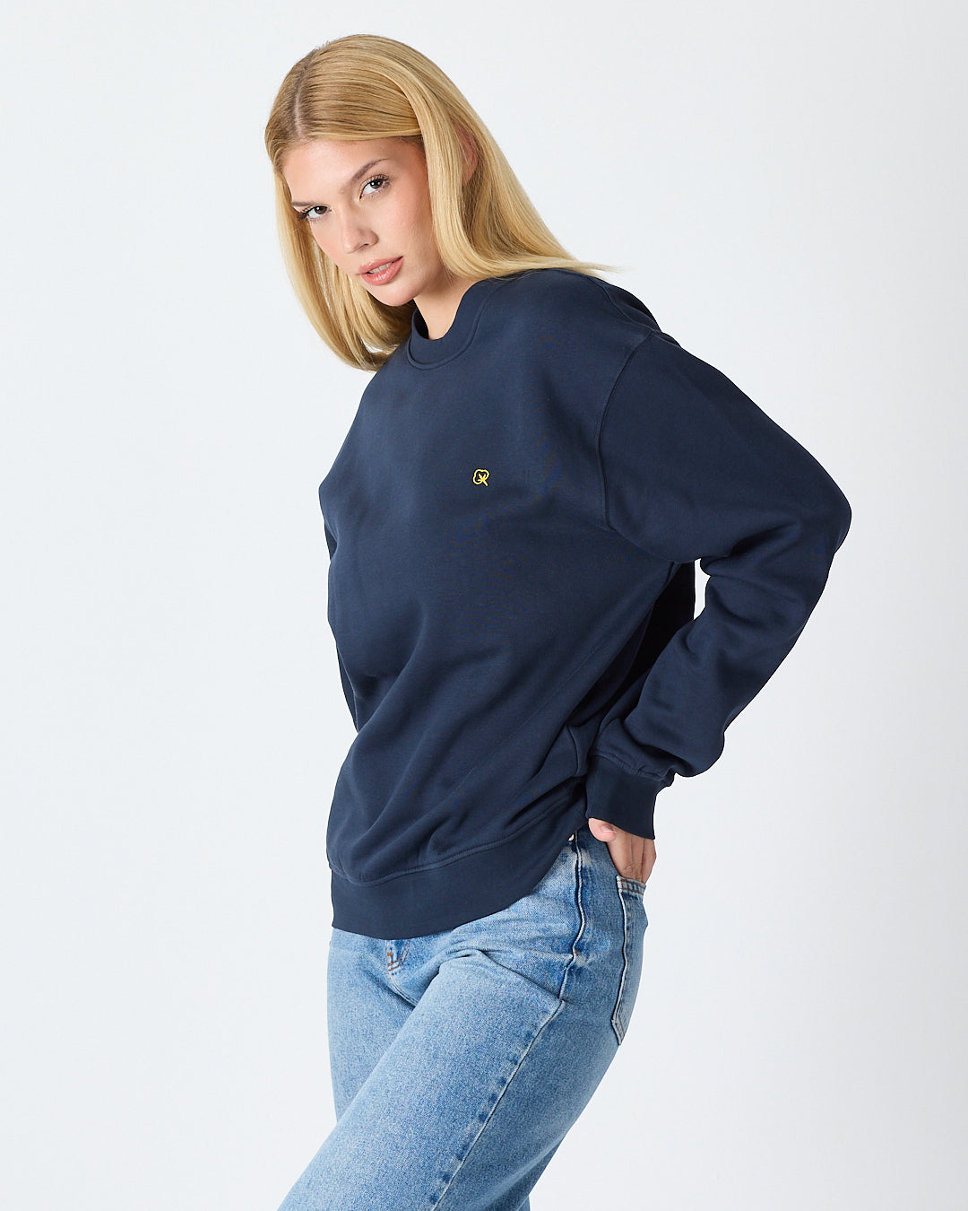 Unisex Lacivert Sarı Nakışlı Rahat Kalıp Organik Pamuk Bisiklet Yaka Sweatshirt
