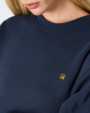 Unisex Lacivert Sarı Nakışlı Rahat Kalıp Organik Pamuk Bisiklet Yaka Sweatshirt