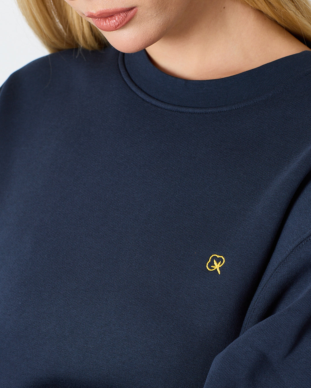 Unisex Lacivert Sarı Nakışlı Rahat Kalıp Organik Pamuk Bisiklet Yaka Sweatshirt