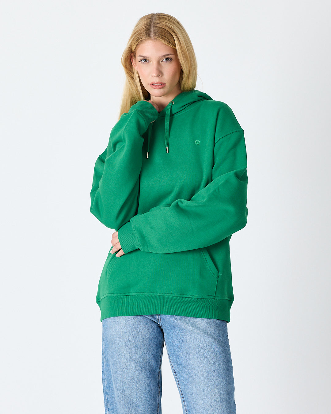 Unisex Yeşil Nakışlı Kapüşonlu Organik Pamuk Oversize Sweatshirt