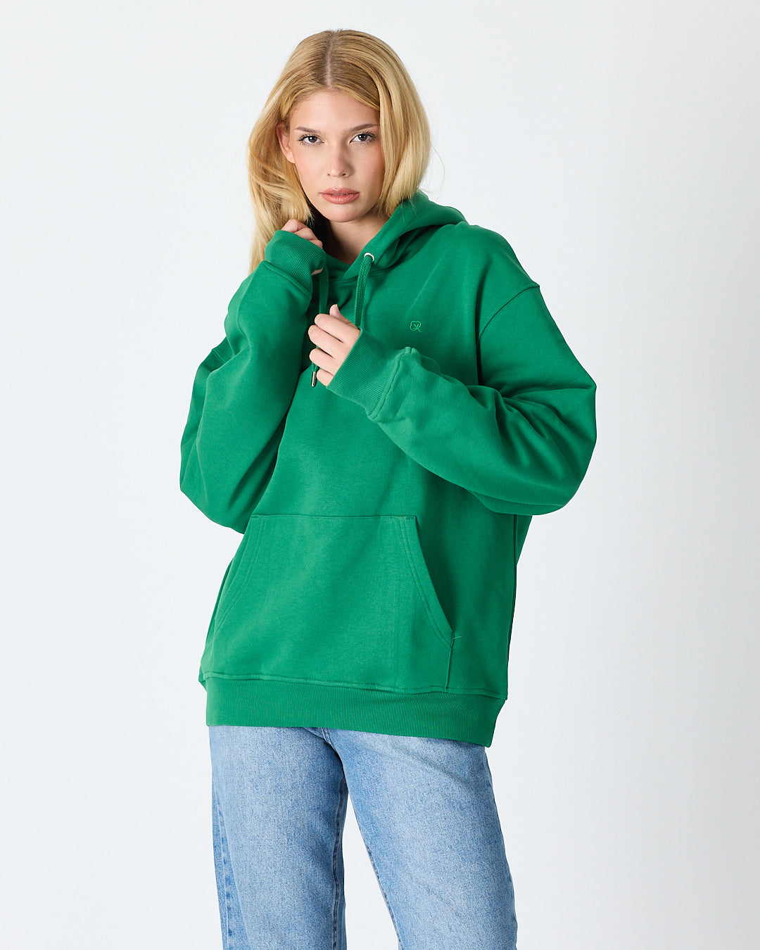 Unisex Yeşil Nakışlı Kapüşonlu Organik Pamuk Oversize Sweatshirt