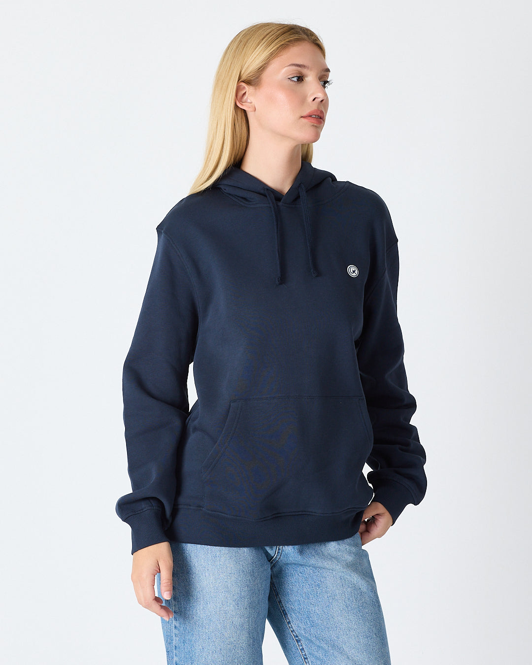 Unisex Lacivert Beyaz Aplike Logo Organik Pamuk Standart Kesim Kapüşonlu Sweatshirt