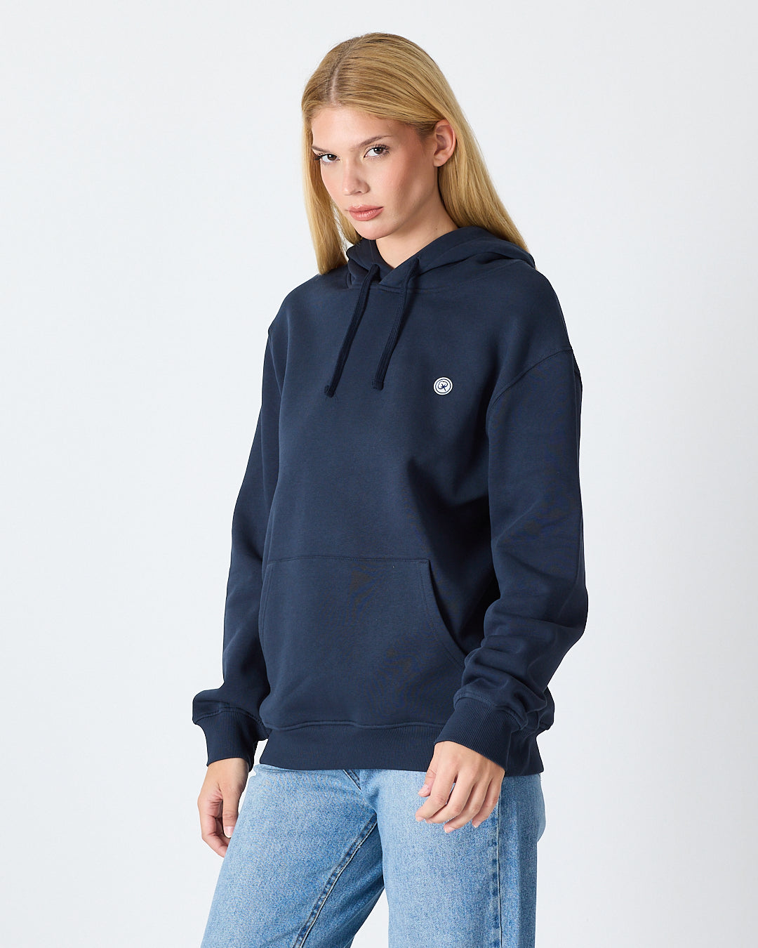 Unisex Lacivert Beyaz Aplike Logo Organik Pamuk Standart Kesim Kapüşonlu Sweatshirt