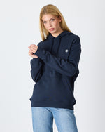 Unisex Lacivert Beyaz Aplike Logo Organik Pamuk Standart Kesim Kapüşonlu Sweatshirt