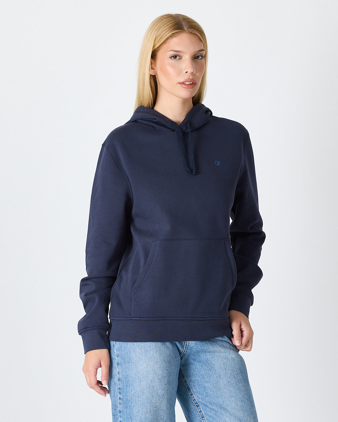 Unisex Lacivert Mavi Nakışlı Kapüşonlu Organik Pamuk Recycled Polyester Standart Kalıp Sweatshirt