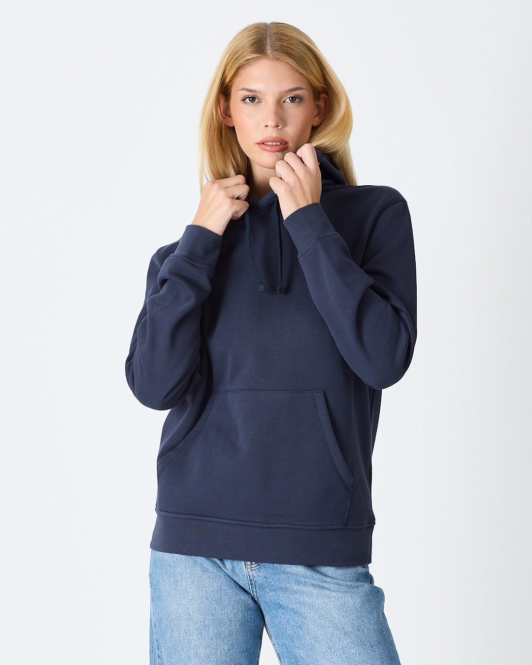 Unisex Lacivert Mavi Nakışlı Kapüşonlu Organik Pamuk Recycled Polyester Standart Kalıp Sweatshirt