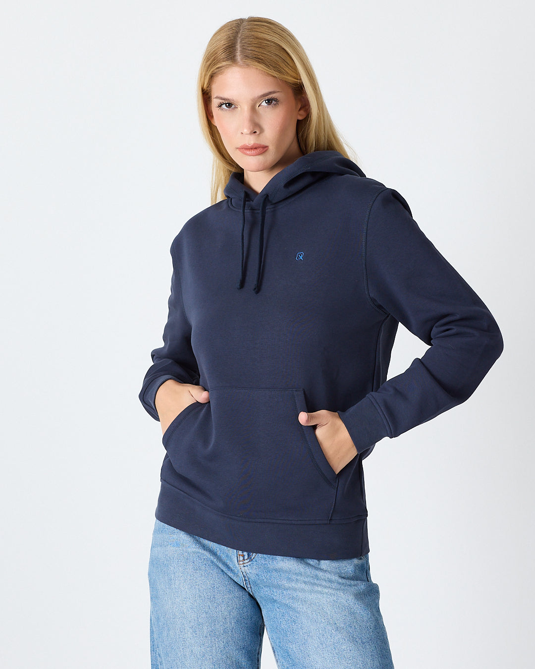 Unisex Lacivert Mavi Nakışlı Kapüşonlu Organik Pamuk Recycled Polyester Standart Kalıp Sweatshirt
