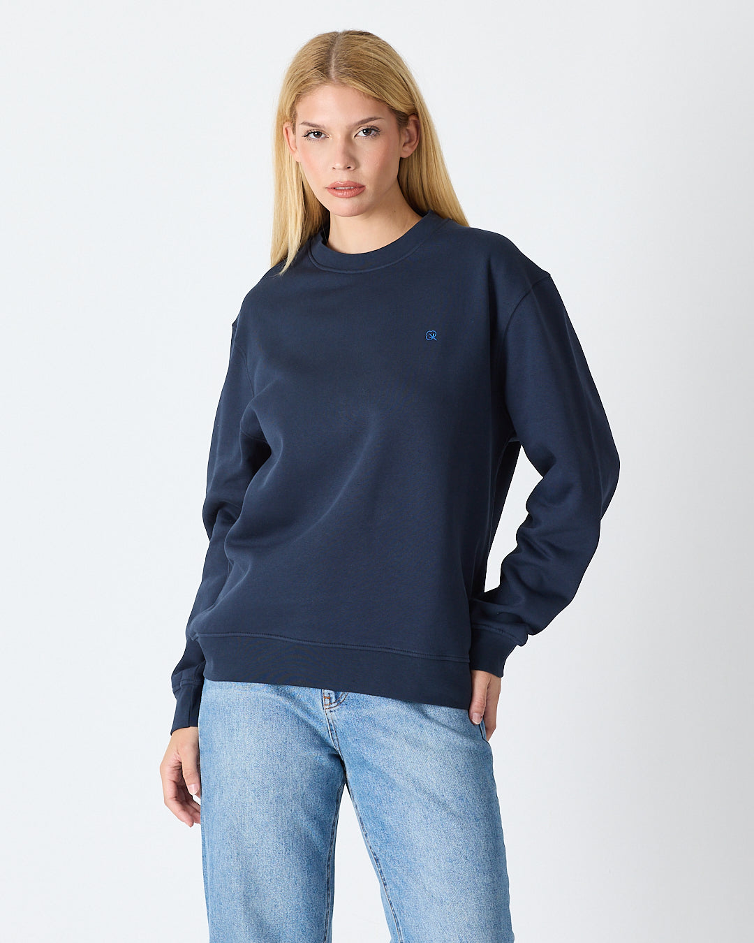 Unisex Blue Embroidered Crew Neck Organic Cotton Relaxed Fit Oversize Sweatshirt -1011104