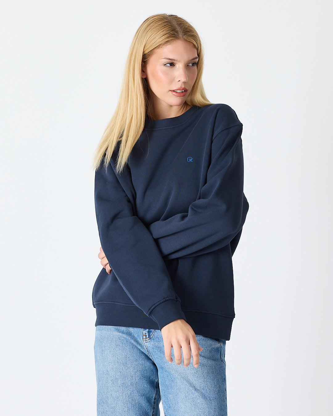 Unisex Blue Embroidered Crew Neck Organic Cotton Relaxed Fit Oversize Sweatshirt -1011104