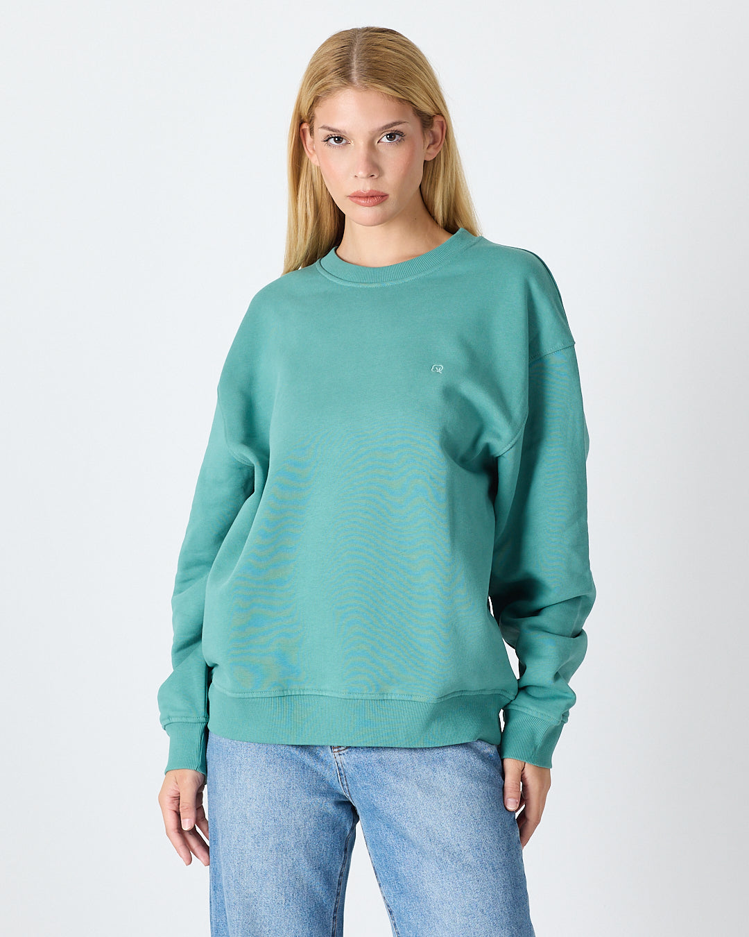 Unisex Turkuaz Nakışlı Bisiklet Yaka Organik Pamuk Oversize Sweatshirt