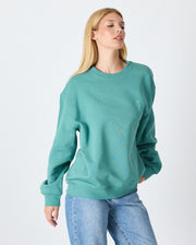 Unisex Turkuaz Nakışlı Bisiklet Yaka Organik Pamuk Oversize Sweatshirt