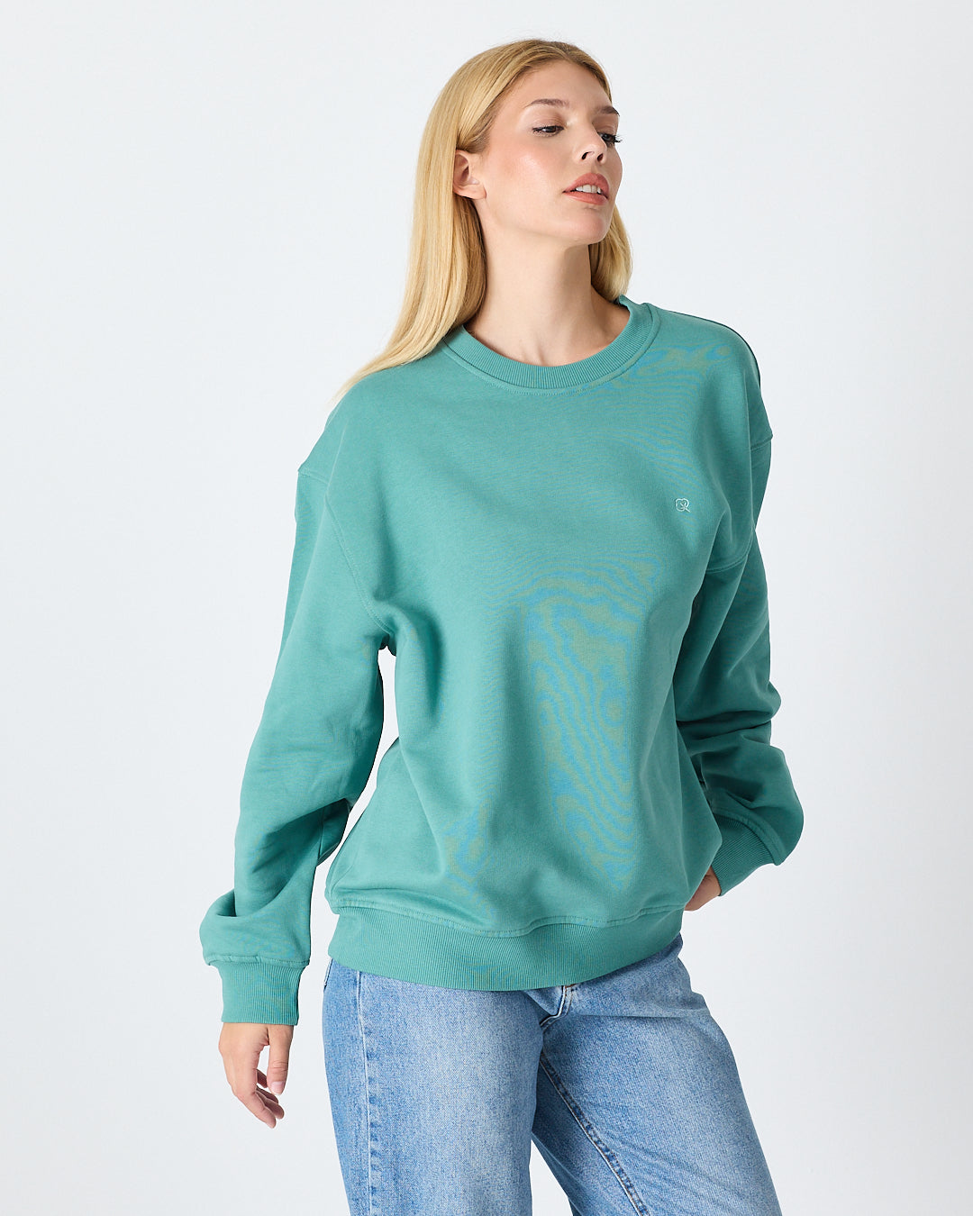 Unisex Turkuaz Nakışlı Bisiklet Yaka Organik Pamuk Oversize Sweatshirt