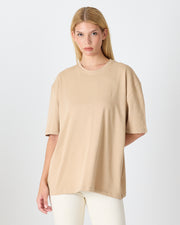 Unisex Bej Nakışlı Oversize Bisiklet Yaka Organik Pamuklu T-Shirt