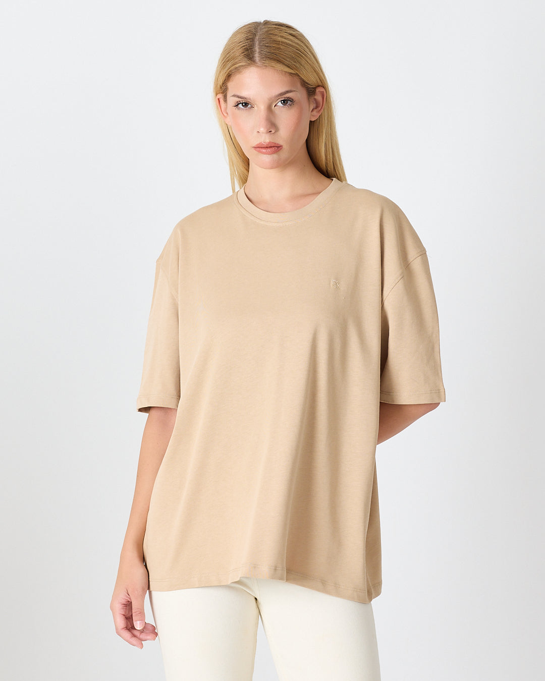 Unisex Bej Nakışlı Oversize Bisiklet Yaka Organik Pamuklu T-Shirt