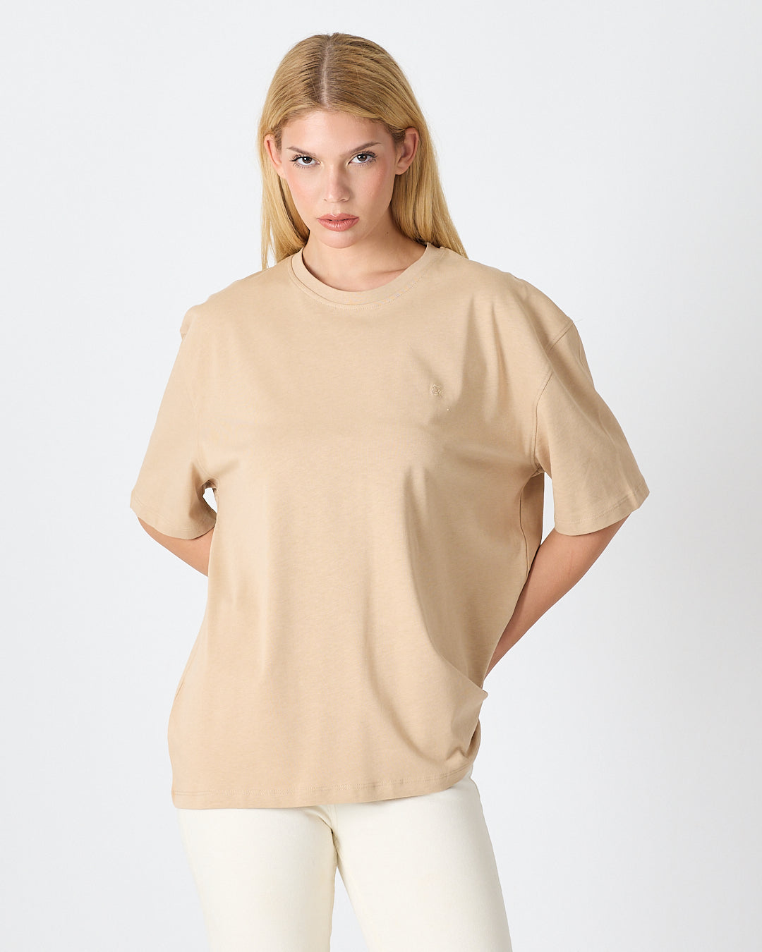 Unisex Bej Nakışlı Oversize Bisiklet Yaka Organik Pamuklu T-Shirt