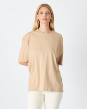 Unisex Bej Nakışlı Oversize Bisiklet Yaka Organik Pamuklu T-Shirt