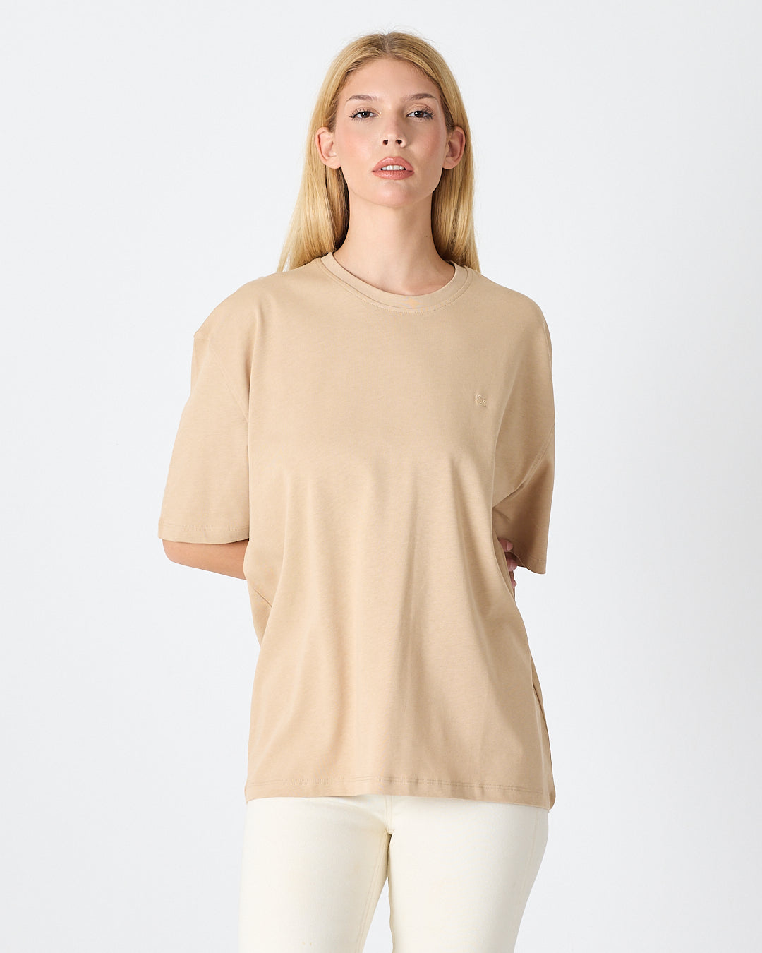 Unisex Bej Nakışlı Oversize Bisiklet Yaka Organik Pamuklu T-Shirt