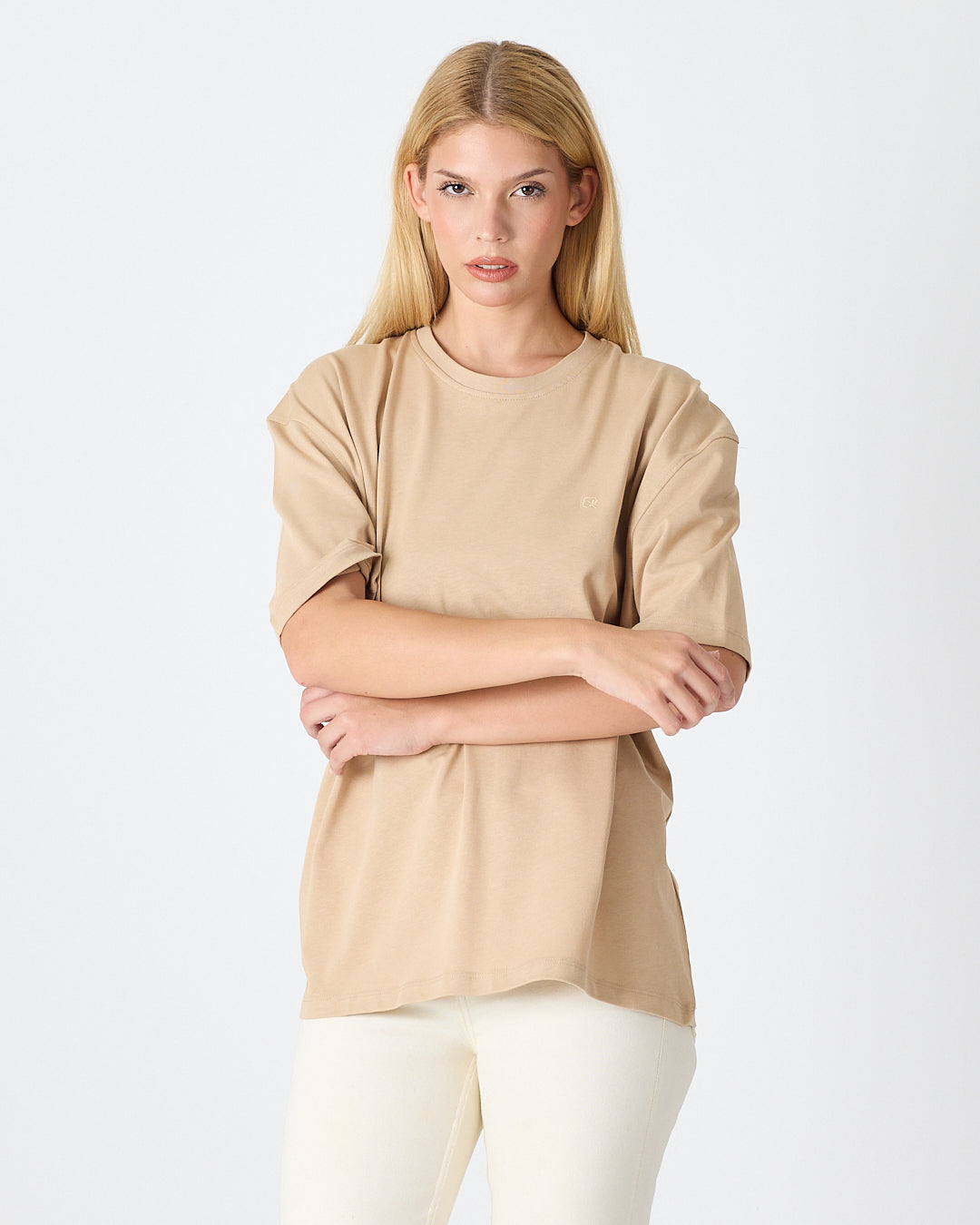 Unisex Bej Nakışlı Oversize Bisiklet Yaka Organik Pamuklu T-Shirt