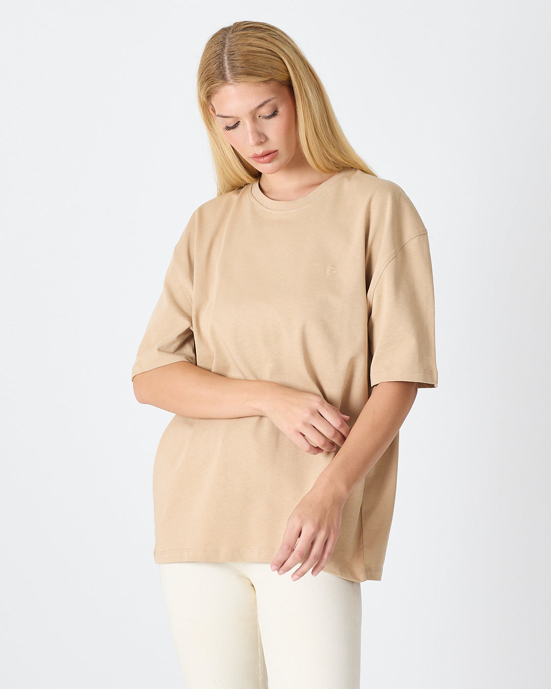 Unisex Bej Nakışlı Oversize Bisiklet Yaka Organik Pamuklu T-Shirt