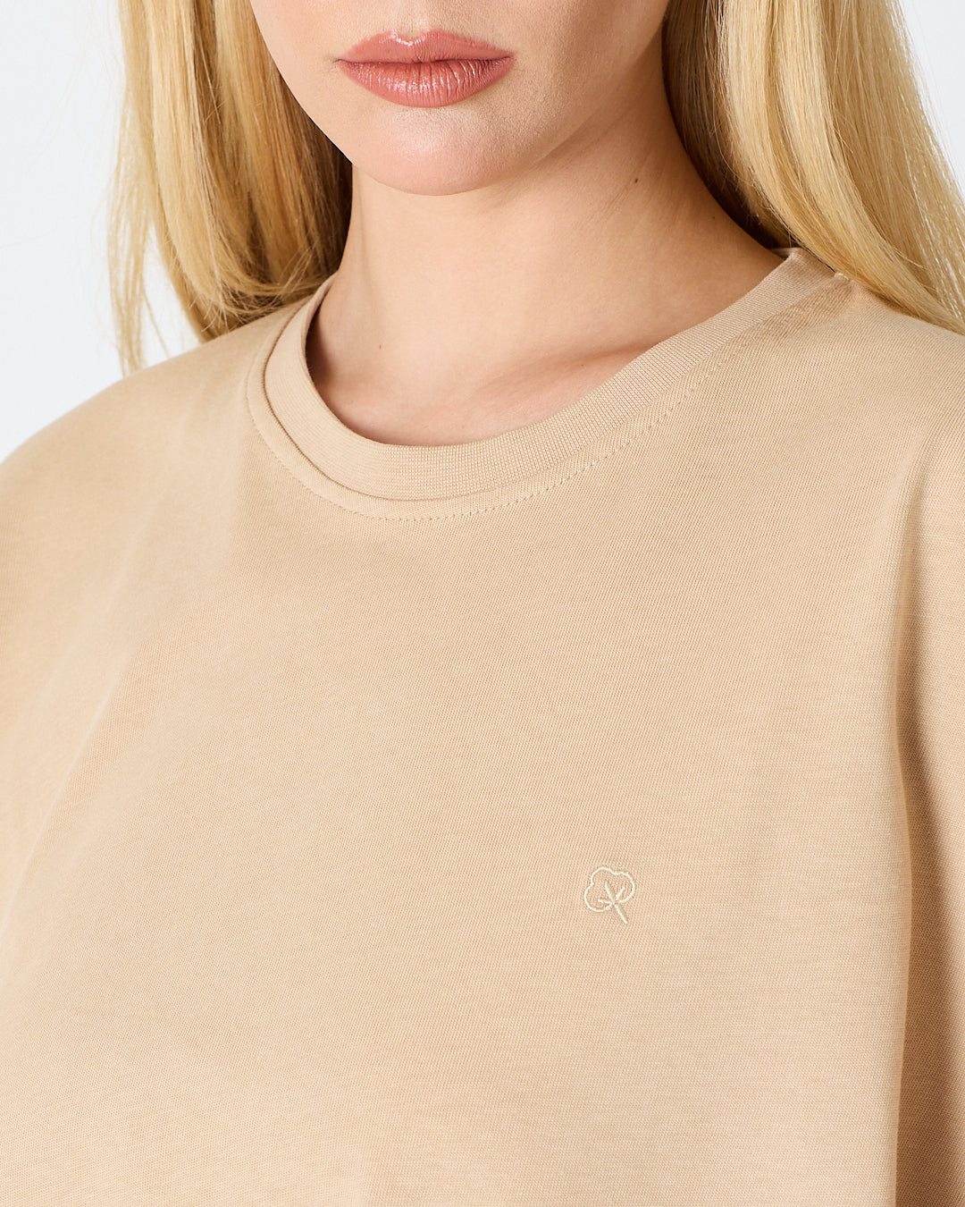 Unisex Bej Nakışlı Oversize Bisiklet Yaka Organik Pamuklu T-Shirt