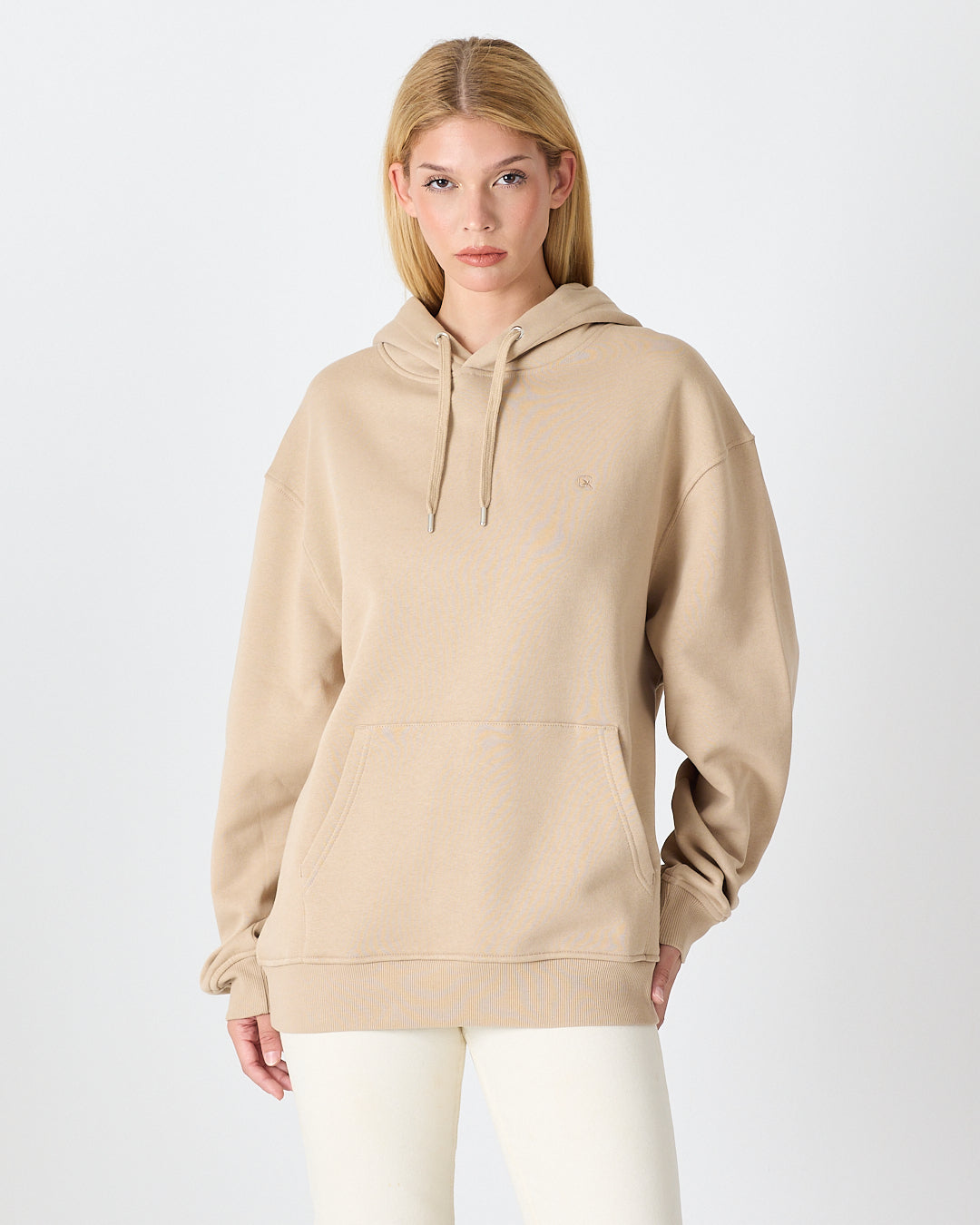 Unisex Beige Embroidered Hooded Organic Cotton Oversize Sweatshirt-1011418