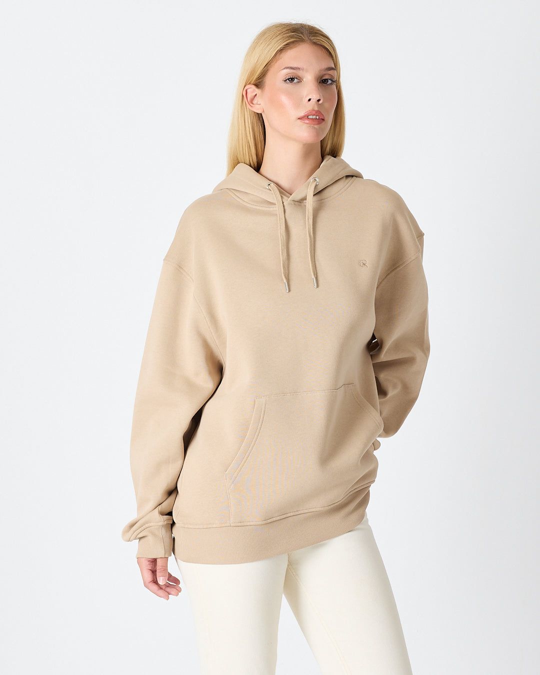 Unisex Beige Embroidered Hooded Organic Cotton Oversize Sweatshirt-1011418