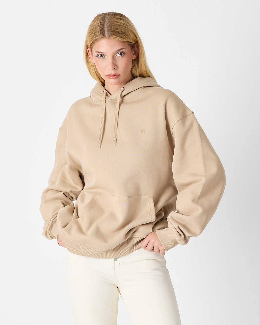 Unisex Beige Embroidered Hooded Organic Cotton Oversize Sweatshirt-1011418