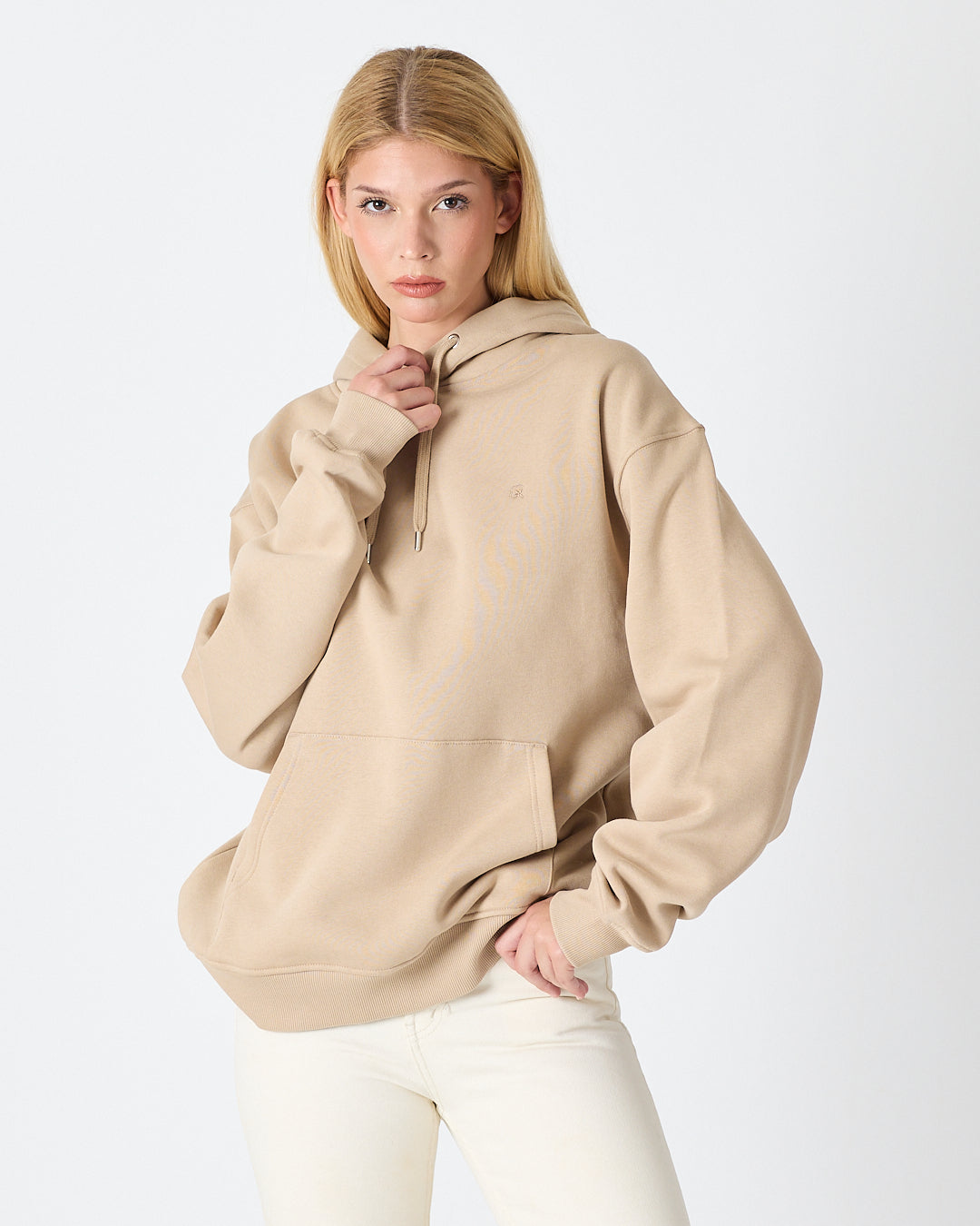 Unisex Beige Embroidered Hooded Organic Cotton Oversize Sweatshirt-1011418